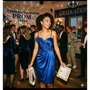 VTG Y2K Royal Blue Satin Asymmetric Ruffle Ruched Dress Satin promo Med